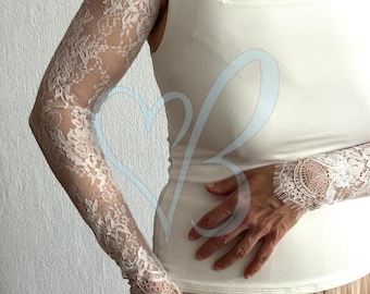 Ivory Long Lace Wedding Sleeves: Fingerless Bridal Gloves, Detachable Sleeve for Wedding Dress