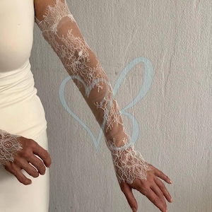 Guantes largos de encaje sin dedos, mangas de boda color marfil, guante nupcial de encaje Chantilly, manga desmontable