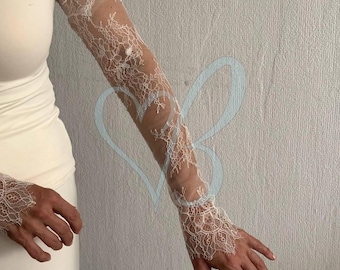 Long Fingerless Lace Gloves, Ivory Wedding Sleeves, Chantilly Lace Bridal Glove, Detachable Arm Sleeve
