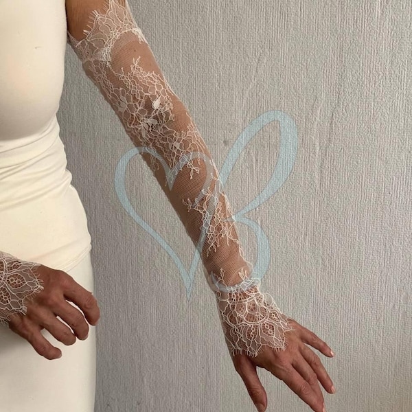 Guantes largos de encaje sin dedos, mangas de boda color marfil, guante nupcial de encaje Chantilly, manga desmontable