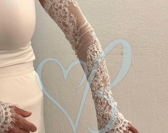 Guantes de novia de encaje Chantilly: Guantes de ópera sin dedos color marfil y blanco, guantes de novia de encaje rosa