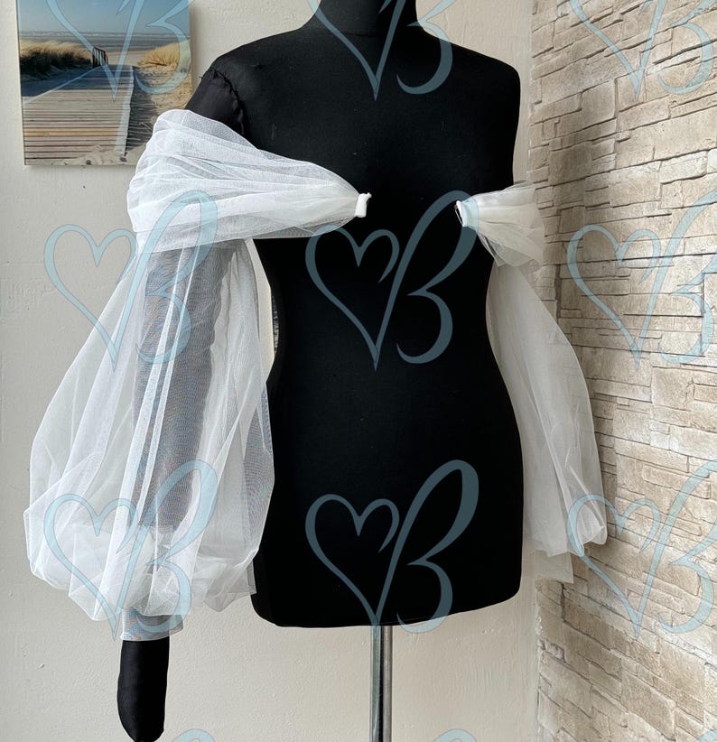 Tulle Puff Wedding Sleeves, Long Fingerless Gloves, Personalized Bridal Sleeves, Sleeve for Bride dress image 2