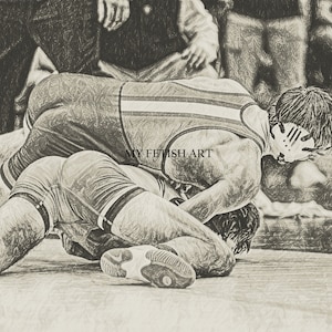 Puede incluir: Un boceto a lápiz en blanco y negro de dos luchadores en un combate. Un luchador está encima del otro, inmovilizándolo en la lona. El luchador de arriba tiene una expresión decidida en su rostro.