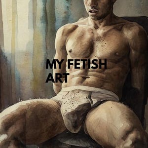 Op de afbeelding: Aquarel schilderij van een gespierde figuur zittend op een stoel, gekleed in witte onderbroeken. Het kunstwerk bevat de tekst "MY FETISH ART" in zwart. Het kleurenpalet omvat bruin, beige en wit, met de nadruk op de menselijke vorm.