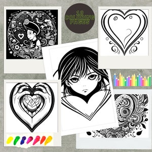 May include: 10 coloring pages featuring hearts, a girl with long hair, and intricate designs. The pages are black and white and ready to be colored.