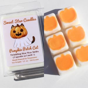 May include: A clear plastic package containing white wax melts and a label with the text "Sweet Star Candles" and "Pumpkin Patch Cat". The label features a cartoon cat in a pumpkin costume. Next to the package are six white wax melts with orange pumpkin designs.