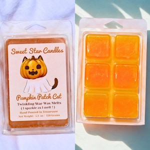 May include: Two clear plastic packages of wax melts. One package contains a rectangular wax melt with a label that reads "Sweet Star Candles" and "Pumpkin Patch Cat." The other package contains six orange square wax melts.