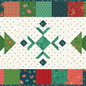 May include: A white table runner with a green and white geometric design featuring stylized Christmas trees and snowflakes. The runner has a red, green, and white border.