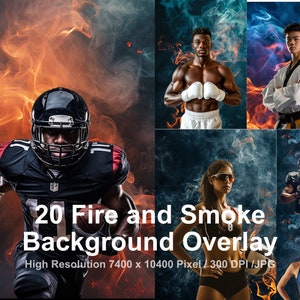 May include: Composite image featuring athletes in various sports, set against fiery and smoky backgrounds. Includes a football player, boxer, martial artist, volleyball player, and swimmer. Text overlay reads "20 Fire and Smoke Background Overlay."