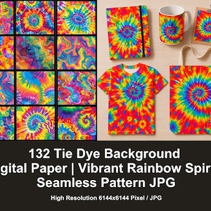 130 Tie Dye Background Digital Paper | Vibrant Rainbow Spiral Seamless Pattern JPG
