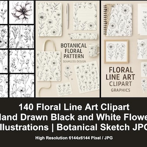 140 bloemen lijntekeningen clipart | Handgetekende zwart-witte bloemillustraties | Botanische schets JPG