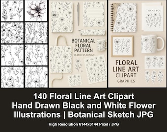 140 Floral Line Art Clipart | Hand Drawn Black and White Flower Illustrations | Botanical Sketch JPG