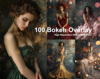 100 Gold Bokeh Overlays: Light Effects for Photoshop (PNG Digital Download)