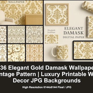 136 Elegant Gold Damask Wallpaper | Seamless Vintage Pattern | Luxury Printable Wall Decor JPG
