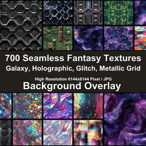 May include: A collection of 700 seamless fantasy textures, including galaxy, holographic, glitch, and metallic grid patterns. The textures are high resolution, measuring 6144x6144 pixels, and are in JPG format. They can be used as backgrounds or overlays for digital art, design, and other creative projects.