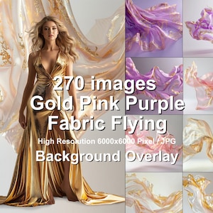 Könnte beinhalten: 270 Bilder von goldenem, rosa und violettem Stoff, der in der Luft schwebt. Hochauflösende 6000x6000 Pixel JPG Hintergrundüberlagerung.
