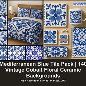 Pak mediterrane blauwe tegels | 140 vintage kobaltblauwe bloemen keramische achtergronden