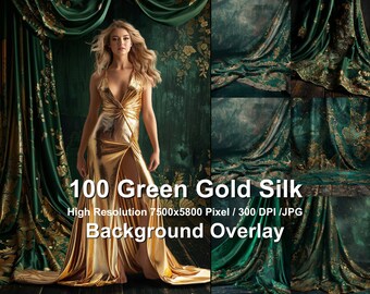 100 Green Vintage Gold Silk Backdrop theme for Fashion photo backgrounds, featuring digital backdrops suitable for any Photo editing program