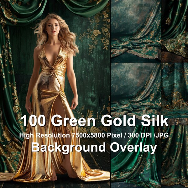 100 Green Vintage Gold Silk Backdrop theme for Fashion photo backgrounds, featuring digital backdrops suitable for any Photo editing program