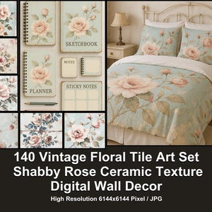 140 Vintage Floral Tile Art Set | Printable Shabby Rose Ceramic Texture | Digital Wall Decor