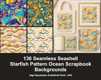 136 Summer Beach Vibes Digital Paper | Bezszwowy wzór muszli i rozgwiazdy | Tła do scrapbookingu z oceanu JPG