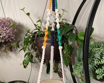 Multi-Color Beaded Macramé Plant Hanger with Tray