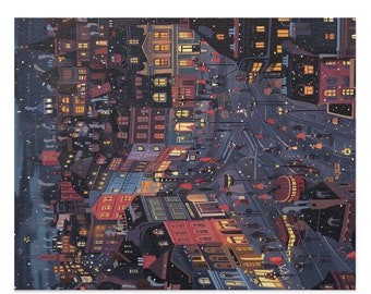 Vibrant Victorian Cityscape Jigsaw Puzzle - Nighttime Bustle and Charm - Cartoon Style Illustration 120, 252, 500-Piece