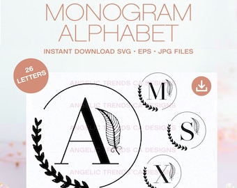 Feather Laurel Alphabet SVG: Initial Monogram (Digital Download)