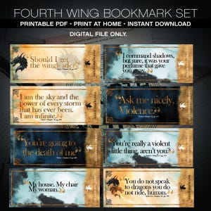 Fourth Wing Digital Bookmark 6pk Iron Flame Xaden Riorson Violet Sorrengail Tairn Quotes Page Marker Instant Download, Fourth Wing Merch