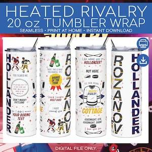 May include: A set of four 20 oz tumbler wraps with hockey-themed designs. Each white tumbler features text and graphics, including hockey players, beer bottles, and phrases like "Heated Rivalry" and "Rookie of the Year".