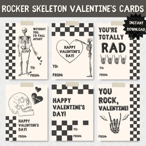 Tarjetas de San Valentín Rocker Skeleton imprimibles, Skull Valentine's, Punk Rock Valentines, Tarjetas de San Valentín en el aula, Día de San Valentín