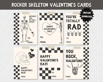Wydrukowane kartki walentynkowe z rockerem szkieletem, walentynki z czaszką, walentynki punk rockowe, walentynki do klasy, walentynki