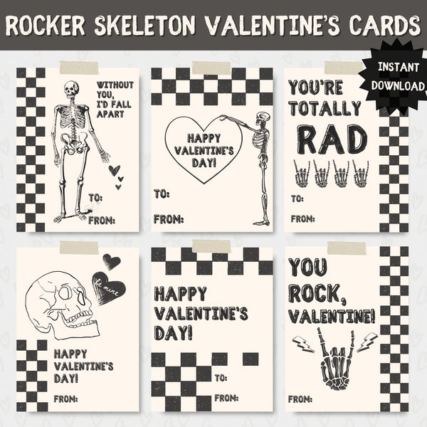 Printable Rocker Skeleton Valentine's Cards, Skull Valentine's, Punk Rock Valentines, Classroom Valentine's Cards, Valentine's Day