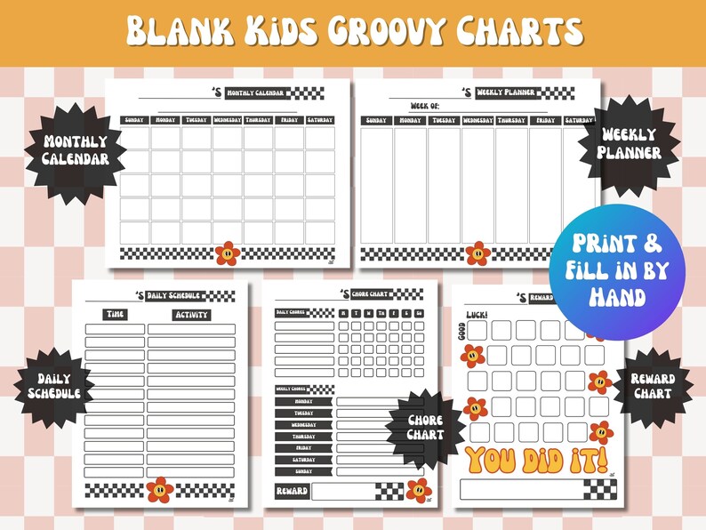 Kids Editable Groovy Chart Bundle, Printable Routine Charts, Summer ...