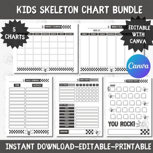 May include: Five printable black and white charts with a skeleton hand graphic. The charts include a monthly calendar, weekly planner, daily schedule, chore chart, and reward chart. The text "Editable with Canva" and "You Rock!" are included on the charts.