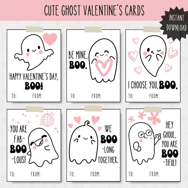 Printable Cute Ghost Valentine's Cards, Boo Valentine's Cards, Classroom Valentine's Cards, Valentine's Day