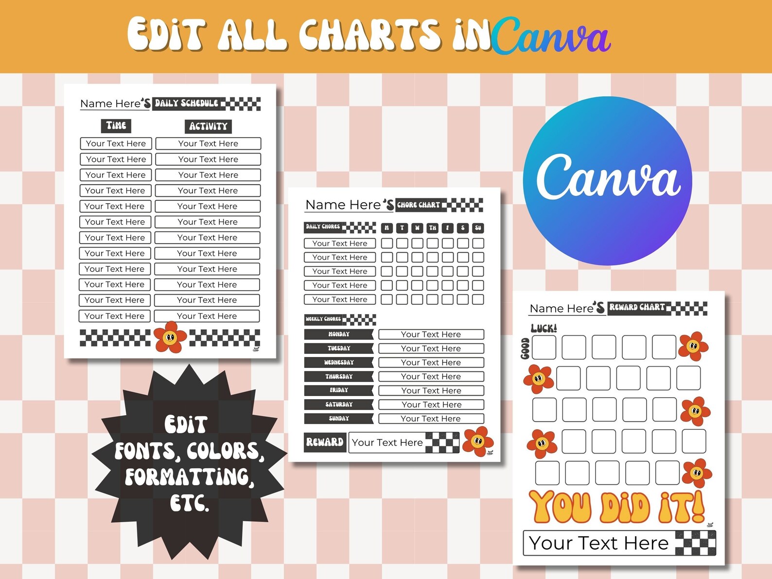 Kids Editable Groovy Chart Bundle, Printable Routine Charts, Summer ...