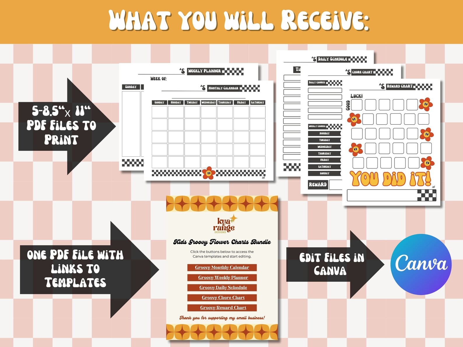 Kids Editable Groovy Chart Bundle, Printable Routine Charts, Summer ...