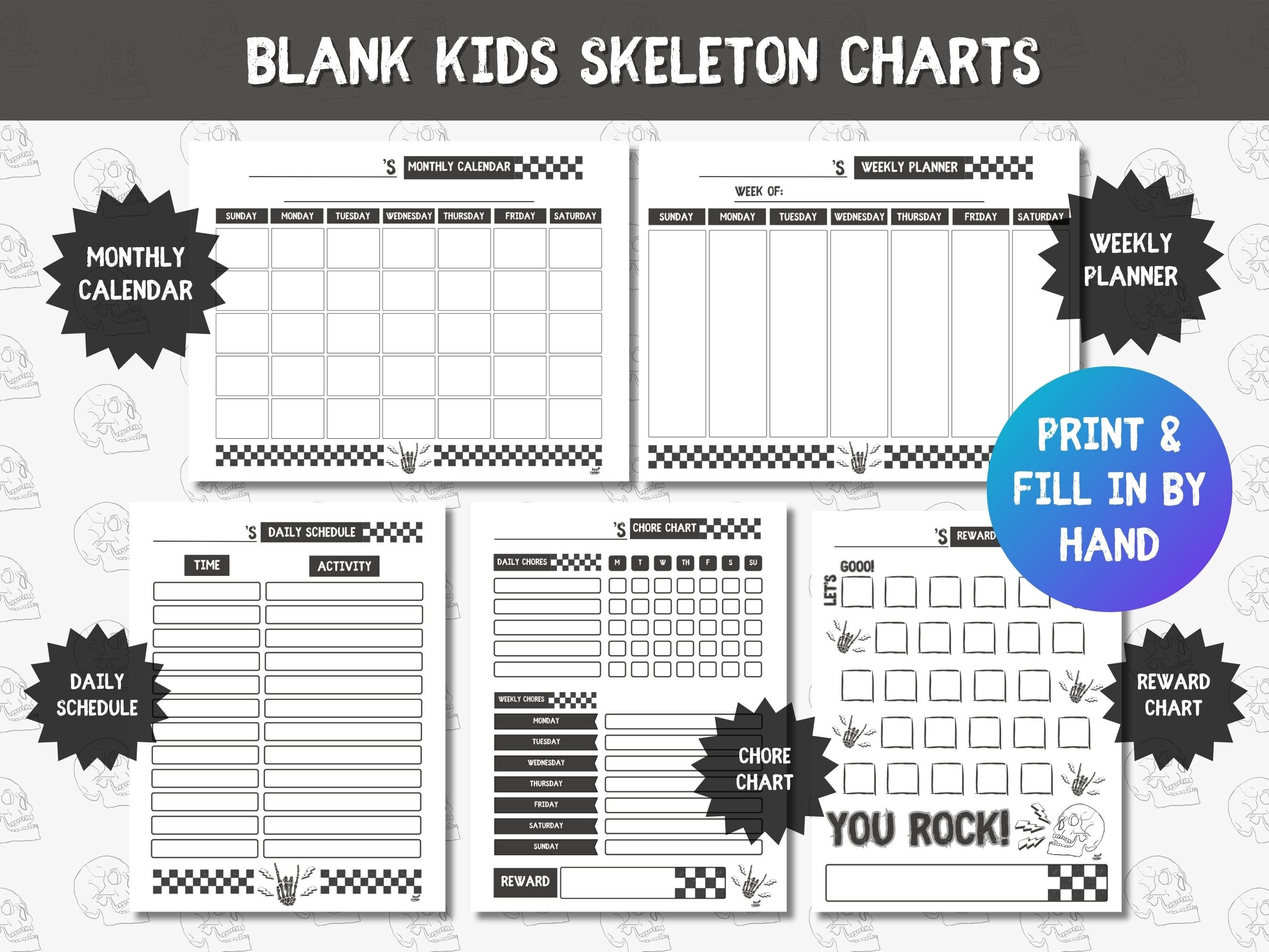 Kids Editable Skeleton Chart Bundle, Printable Routine Charts, Summer ...