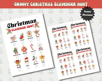 May include: A printable Christmas scavenger hunt game with a retro groovy theme. The game features a checklist of Christmas items with illustrations of each item. The text on the checklist reads "Christmas Scavenger Hunt".
