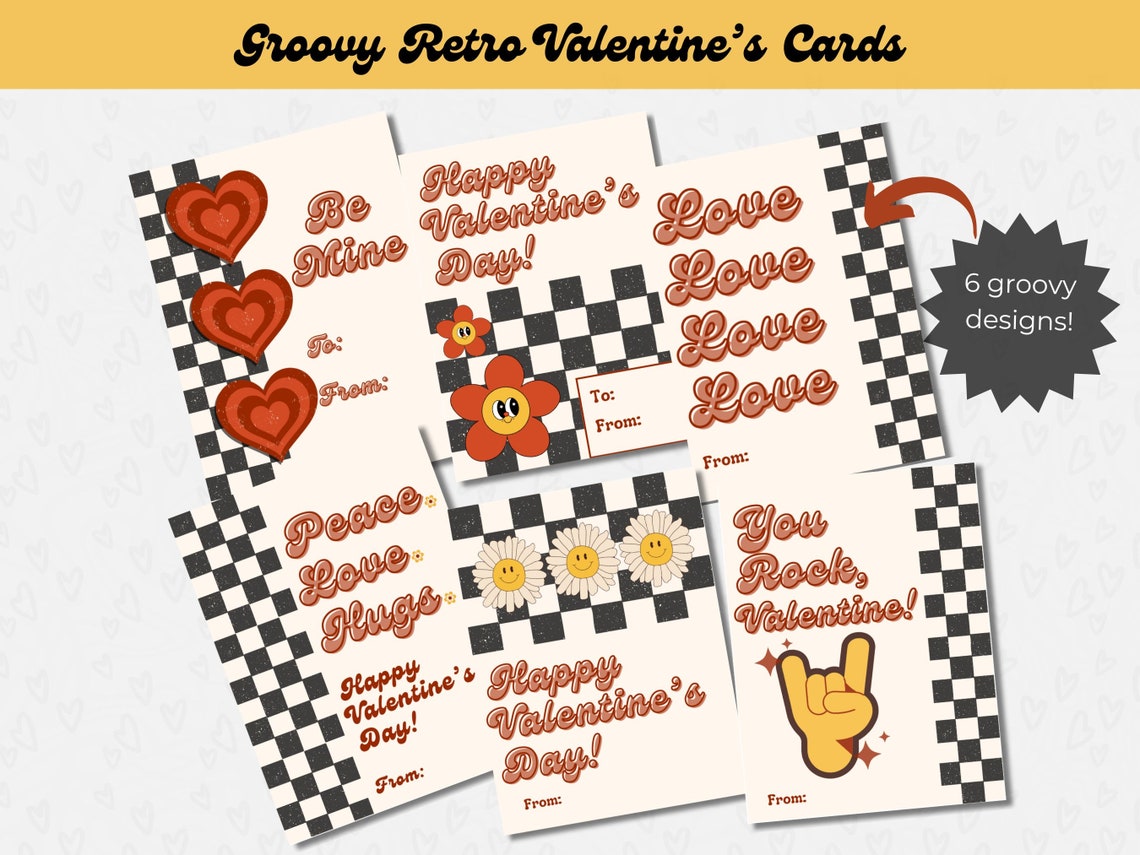 Printable Groovy Retro Valentine's Cards, Printable Valentine's Cards, Classroom Valentine's ...