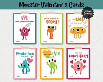 Printable Kids Monster Valentine's Cards, Monster Valentine's Cards, Classroom Valentine's Cards, Valentine's Day