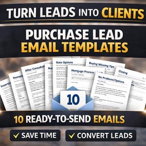 May include: An advertisement for email templates. The image features the text "TURN LEADS INTO CLIENTS" and "PURCHASE LEAD EMAIL TEMPLATES". It includes a stack of documents and a blue envelope with the number "10". The text "10 READY-TO-SEND EMAILS" is also visible.