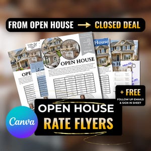 May include: A collection of open house rate flyers with images of houses, featuring the text "From Open House to Closed Deal." The flyers include the text "Open House," "Canva," and "+ FREE Follow Up Emails & Sign In Sheet."