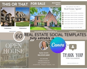 May include: A promotional graphic for real estate social media templates. It features images of houses, text like "This or That" and "For Sale", and a realtor's profile. The templates are fully editable in Canva.