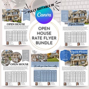 Op de afbeelding: Een flyer-sjabloon voor open huis-evenementen in de vastgoedsector. De flyer heeft een blauw-wit kleurenschema met een foto van een huis en een tabel met informatie over de woning. De tekst op de flyer luidt "Open House Rate Flyer Bundle" en "Volledig bewerkbaar in Canva".