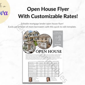 May include: A black and white open house flyer with a photo of a house and a table with chairs. The flyer includes the address, price, and a breakdown of estimated monthly payments. The text on the flyer reads "Open House" and "With Customizable Rates!"