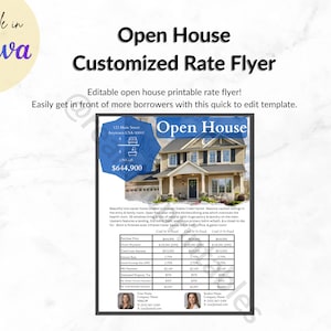 Puede incluir: Un folleto de casa abierta azul y blanco con una imagen de una casa y una tabla con información sobre las tasas hipotecarias. El folleto dice "Open House Customized Rate Flyer" y "Easily get in front of more borrowers with this quick to edit template."