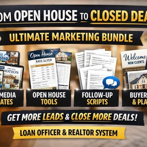 May include: An advertisement for a real estate marketing bundle. The image features various marketing materials, including social media templates, open house tools, follow-up scripts, and buyer guides. Text includes "From Open House to Closed Deal!" and "Get More Leads & Close More Deals!"