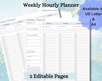 Weekly Hourly Planner Printable, Hourly Planner, Weekly Schedule, Undated Planner, 2024 Weekly Organizer, To Do List